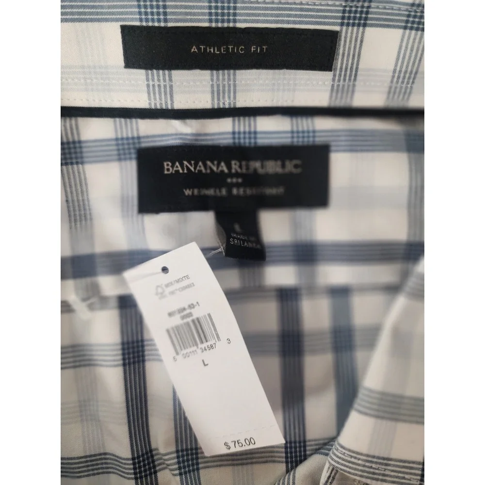 Banana Republic Mens Athletic Fit Blue White‎ Plaid Shirt Large NWT